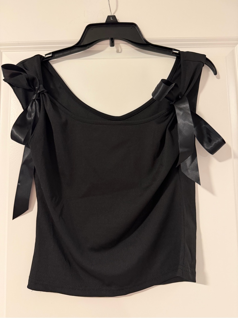 Macy's Black Ribbed Tank with Satin Shoulder Ties